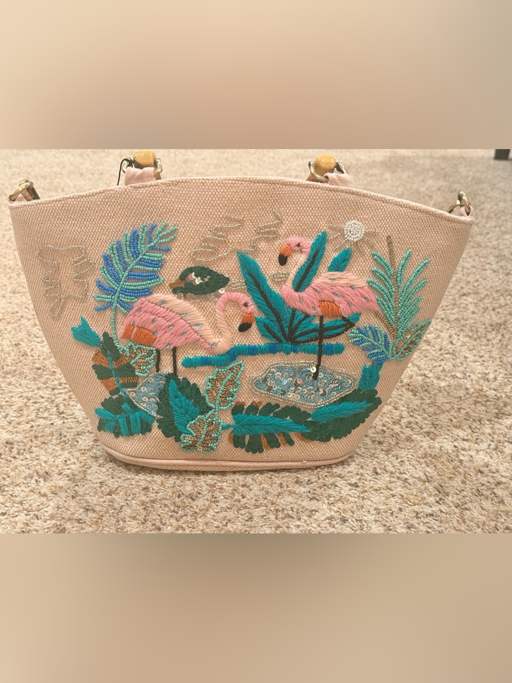 NWT America and Beyond Tropical Pink Embroidered Flamenco Tote